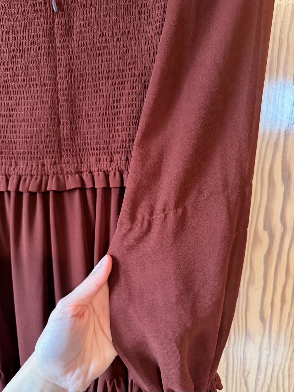 Aritzia Wilfred Long Sleeve Smocked Bodice Maxi Dress - Maroon - Picture 6 of 6